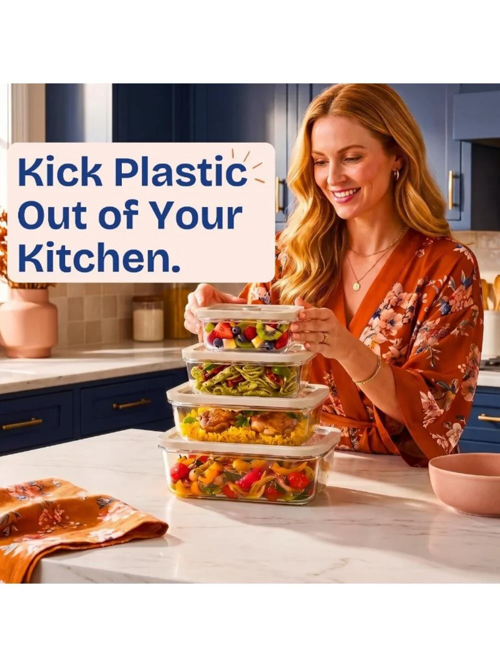 Eco-Friendly Non-Toxic Glass Food Storage Containers, 4-Pack, Multi-Size, Beige